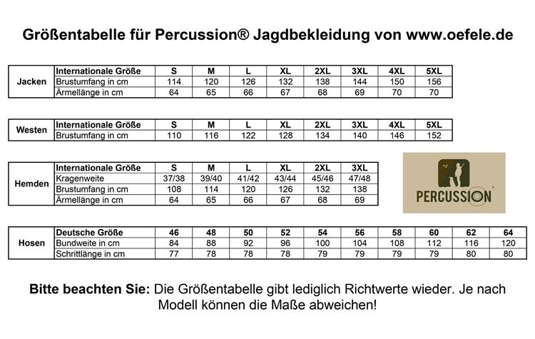 Percussion® Wende-Schießweste "Savanne" oliv 1269 ghostcamo blaze Jagdweste Herren oliv/signalorange Größentabelle Size Guide