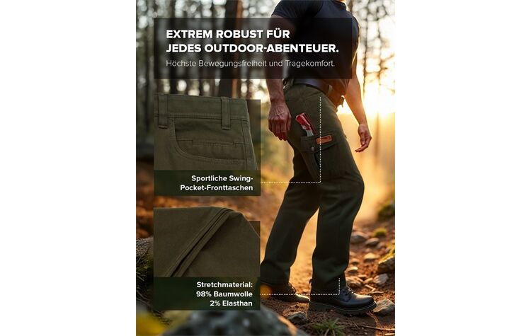 Jagdhose Monza - Robuste Arbeitshose für Herren - Cargohose mit Stretch, Schmutz- & Wasserabweisend - Taktische Outdoorhose für Trekking & Wandern - Olivgrün Wanderhose Jägerhose von Oefele