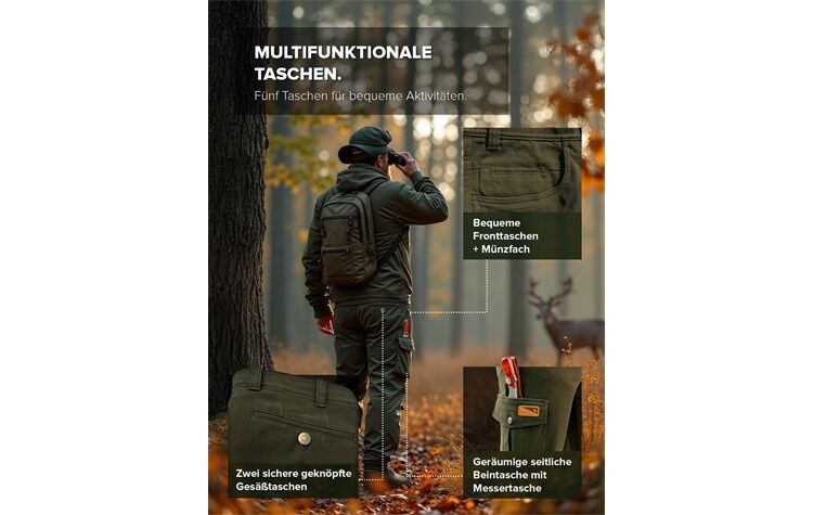 Jagdhose Monza - Robuste Arbeitshose für Herren - Cargohose mit Stretch, Schmutz- & Wasserabweisend - Taktische Outdoorhose für Trekking & Wandern - Olivgrün Wanderhose Jägerhose von Oefele