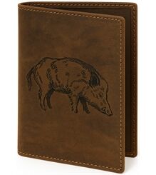 AKAH Jagdscheinetui "Keiler" aus echtem Antikleder – Handgemacht – mit Keilerprägung – Etui für Jagdschein & WBK – 6 Fächer – braun – 12x16 cm 78560000
