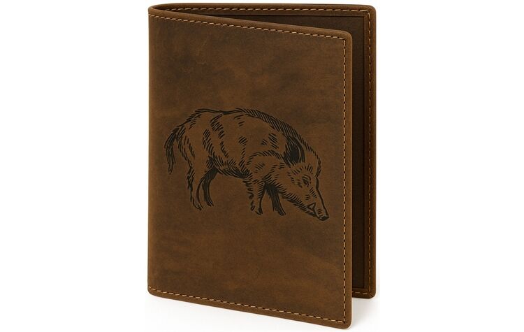 AKAH Jagdscheinetui "Keiler" aus echtem Antikleder – Handgemacht – mit Keilerprägung – Etui für Jagdschein & WBK – 6 Fächer – braun – 12x16 cm 78560000