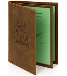 AKAH Jagdscheinetui Hirsch – Handgefertigtes Etui aus Antikleder mit Keilerprägung – Edles Lederetui für Jagdschein, Waffenbesitzkarte & Waffenschein – 6 Fächer, 12x16 cm 78561000