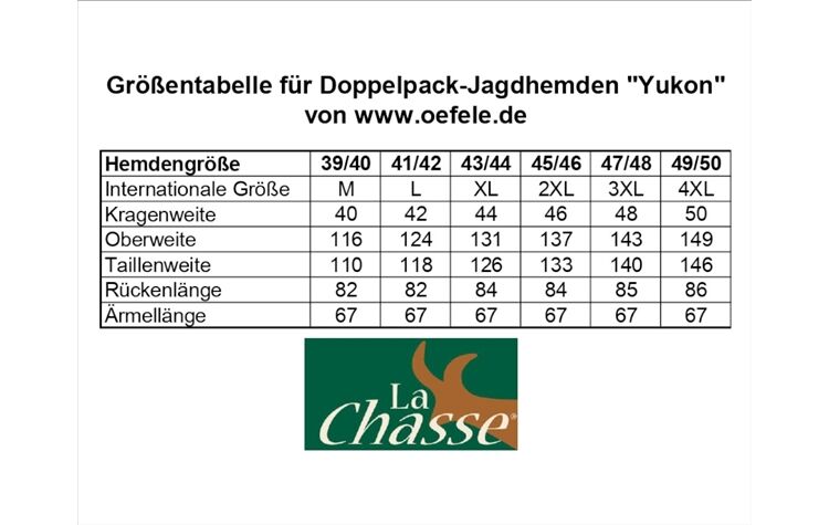 La Chasse® Doppelpack-Jagdhemden "Yukon" Outdoorhemden oliv/grün/schilf Größentabelle SizeGuide