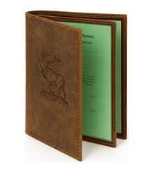 AKAH Jagdscheinetui Hirsch – Handgefertigtes Etui aus Antikleder mit Keilerprägung – Edles Lederetui für Jagdschein, Waffenbesitzkarte & Waffenschein – 6 Fächer, 12x16 cm 78561000