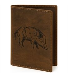 AKAH Jagdscheinetui "Keiler" aus echtem Antikleder – Handgemacht – mit Keilerprägung – Etui für Jagdschein & WBK – 6 Fächer – braun – 12x16 cm 78560000